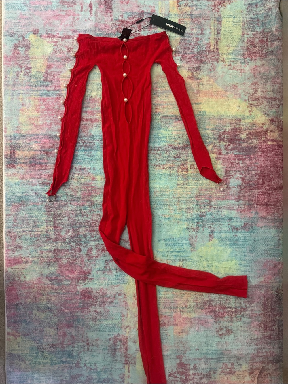 Fashion Nova Red Long-Sleeve Cutout Pearl-Accent Jumpsuit